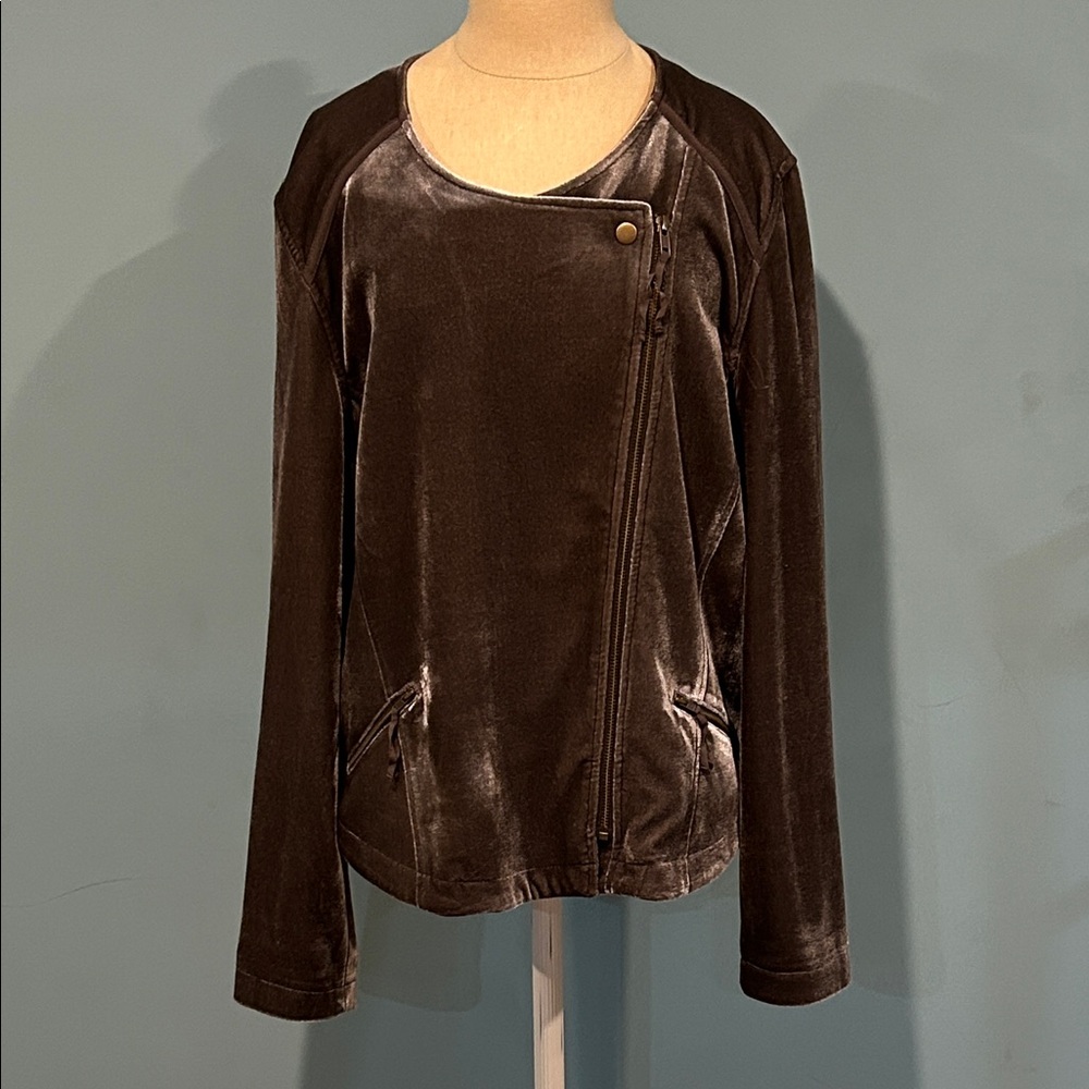 Soft Surroundings Velvet Moto Style Asymmetrical Zip Up Jacket XL Gray Taupe